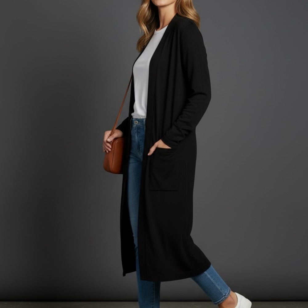 Women Elegant Black Lightweight Longline Cardigan